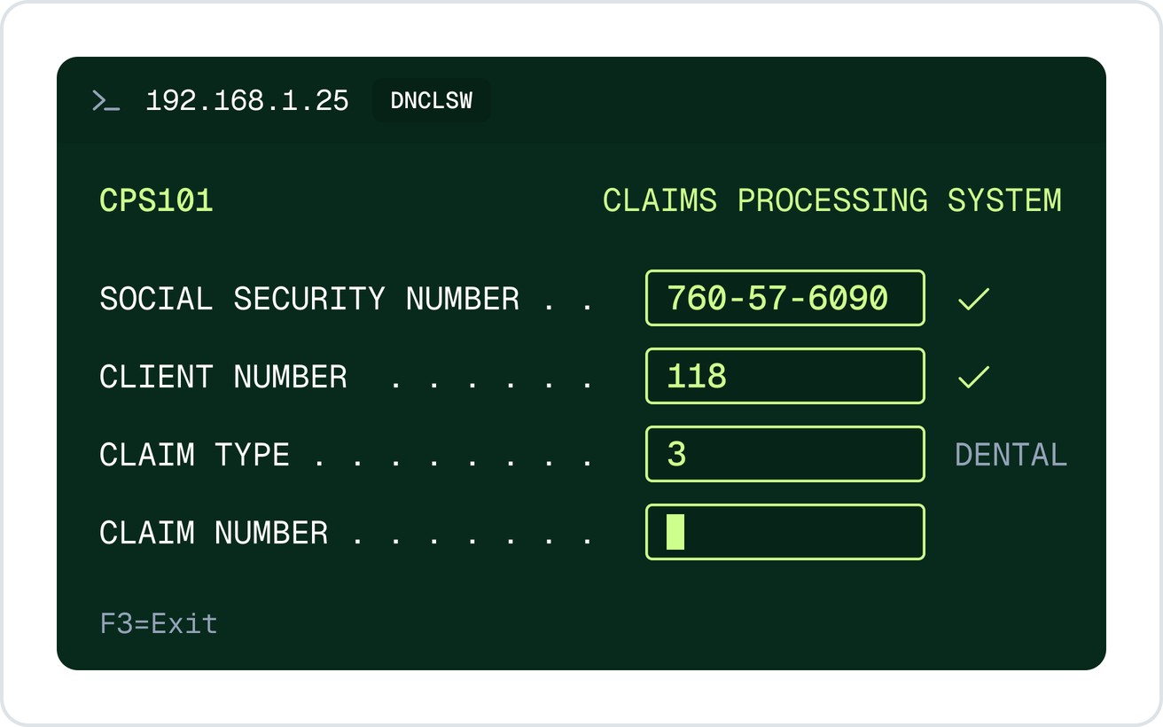 The AS/400 CPS101 claims screen with fields and checks