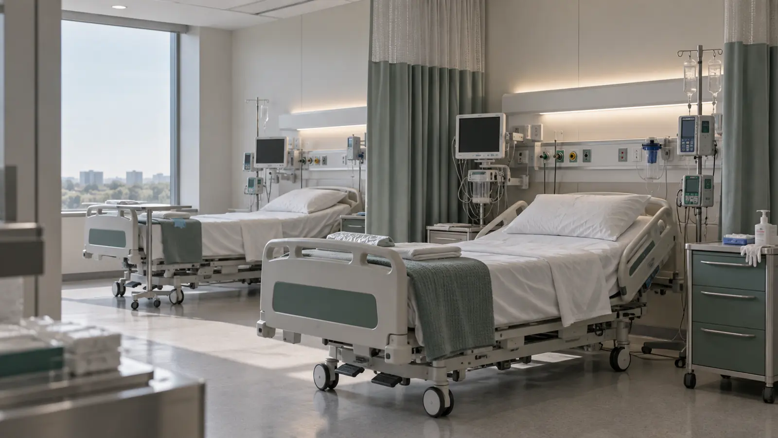 An empty hospital ward with a monitored bed by the window