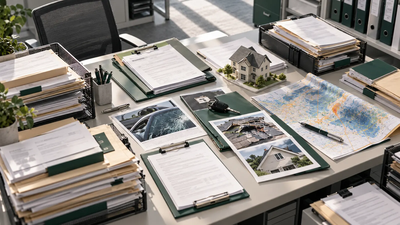 Clipboards with claims paperwork and a model house spread across an adjuster's desk