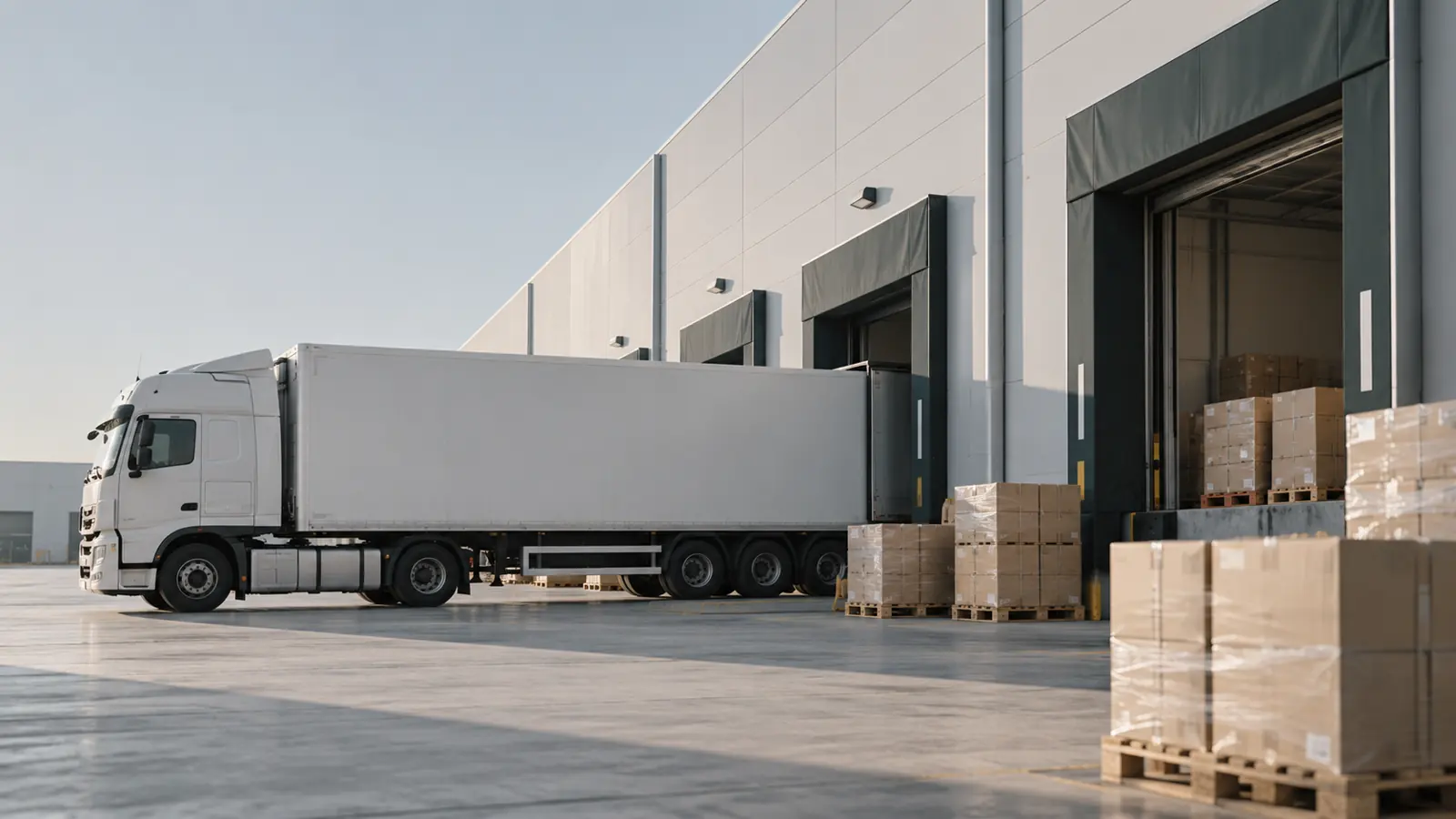 A box truck backed up to a warehouse loading dock