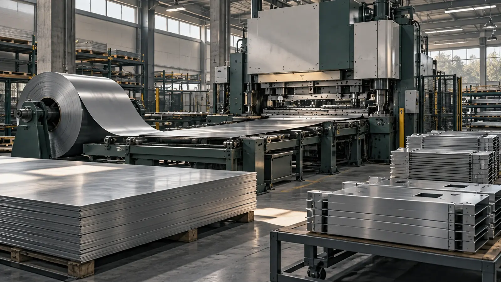 Steel coils and cut sheet-metal stacks on the floor of an automated rolling line